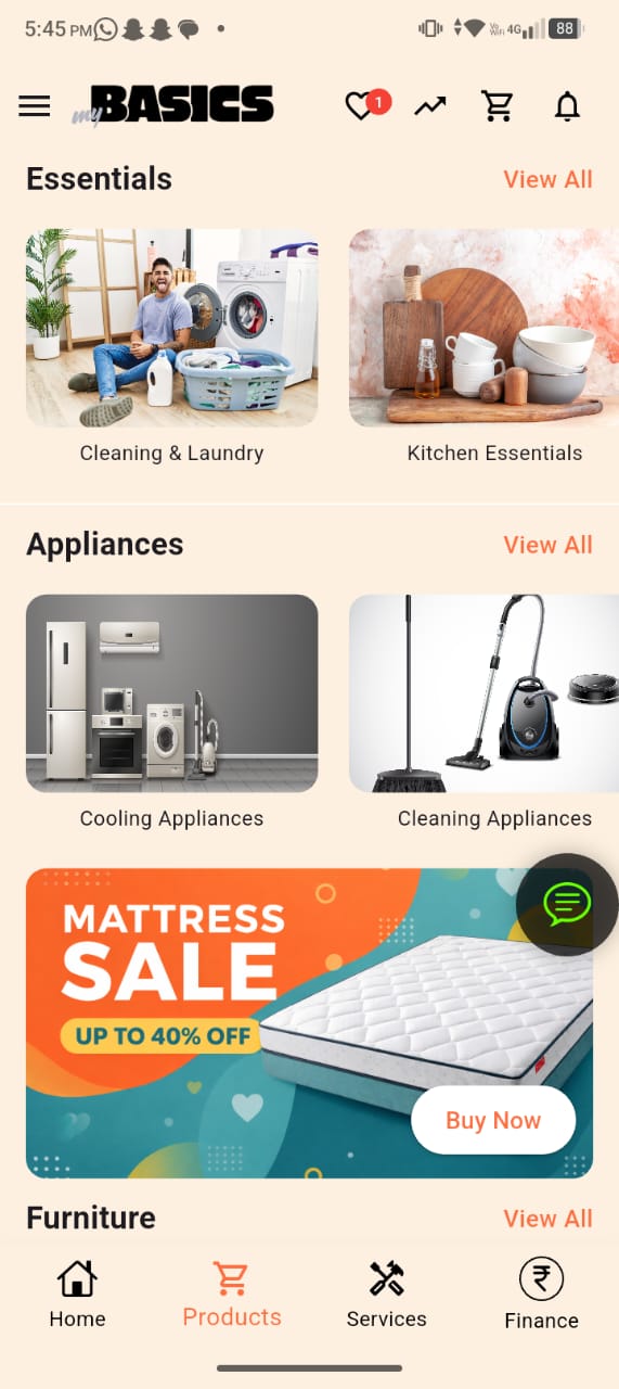 MY BASICS app showing home essentials, appliances, offers and furniture categories
